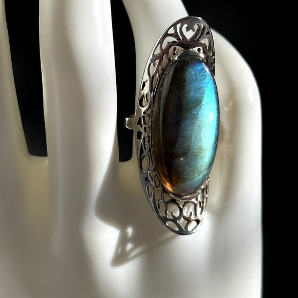 925 Sterling Silver Vintage HUGE Tall Labradorite Large Gemstone Ring Size 6.75 - Picture 7 of 14